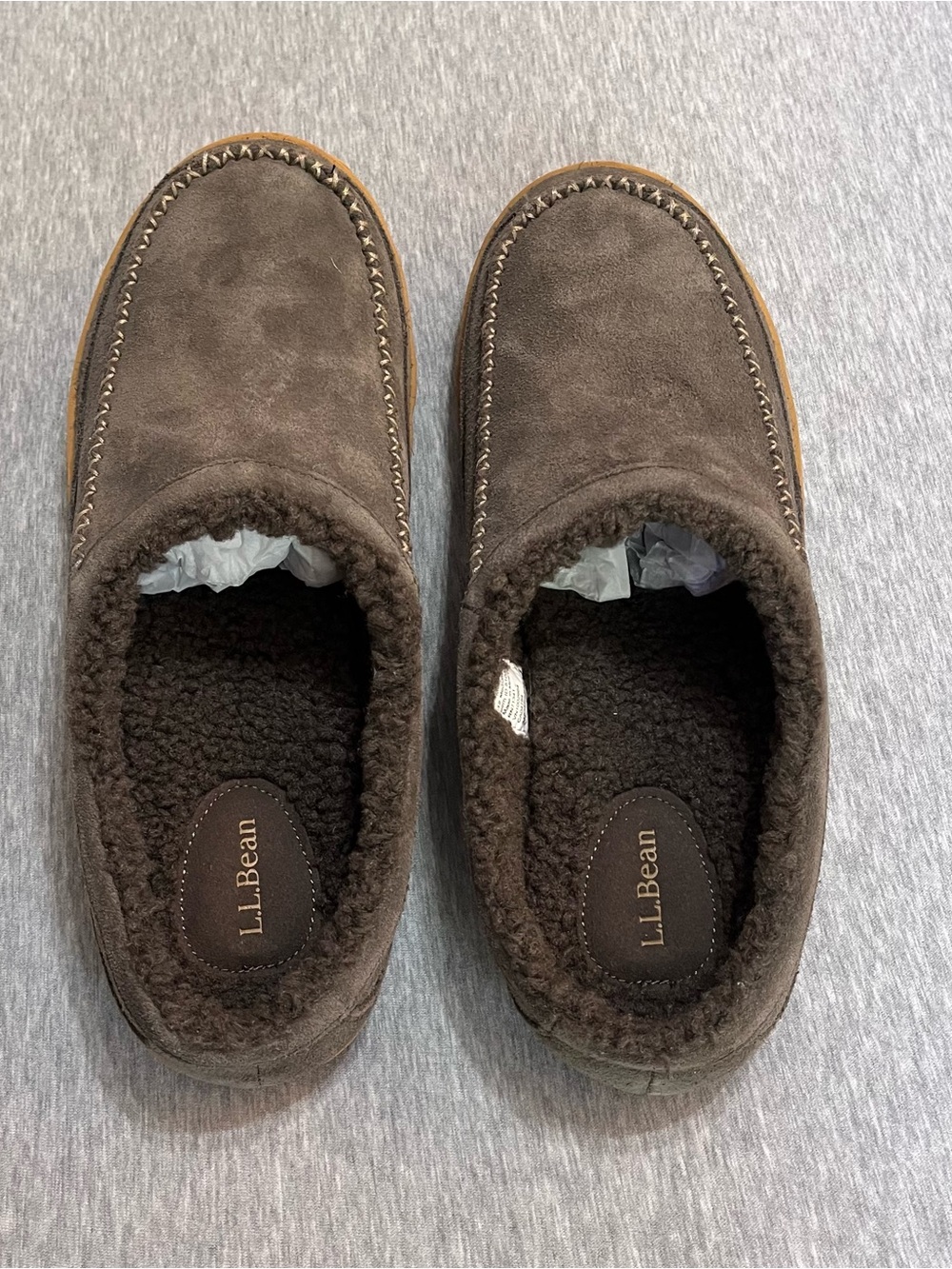 L.L.Bean Men’s Wicked Good Moccasin Slippers Brown Suede Sherpa Lined Size 12 M - Picture 5 of 5